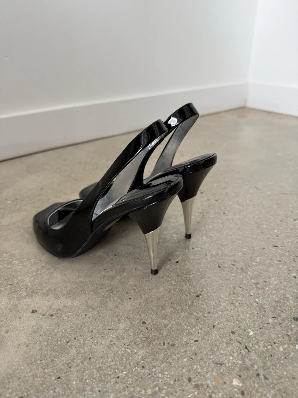 Jeffrey Campbell Black Patent Slingback Peep-Toe Pumps with Silver Insole